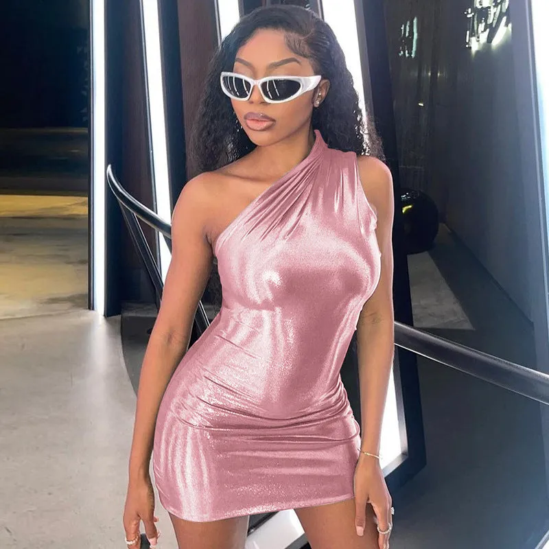 MB FASHION One-Shoulder Shiny Mini Dress - Elegant Party Outfit 9917LY