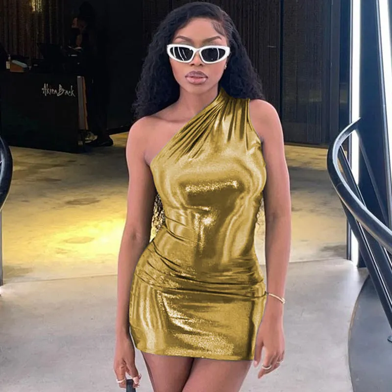 MB FASHION One-Shoulder Shiny Mini Dress - Elegant Party Outfit 9917LY