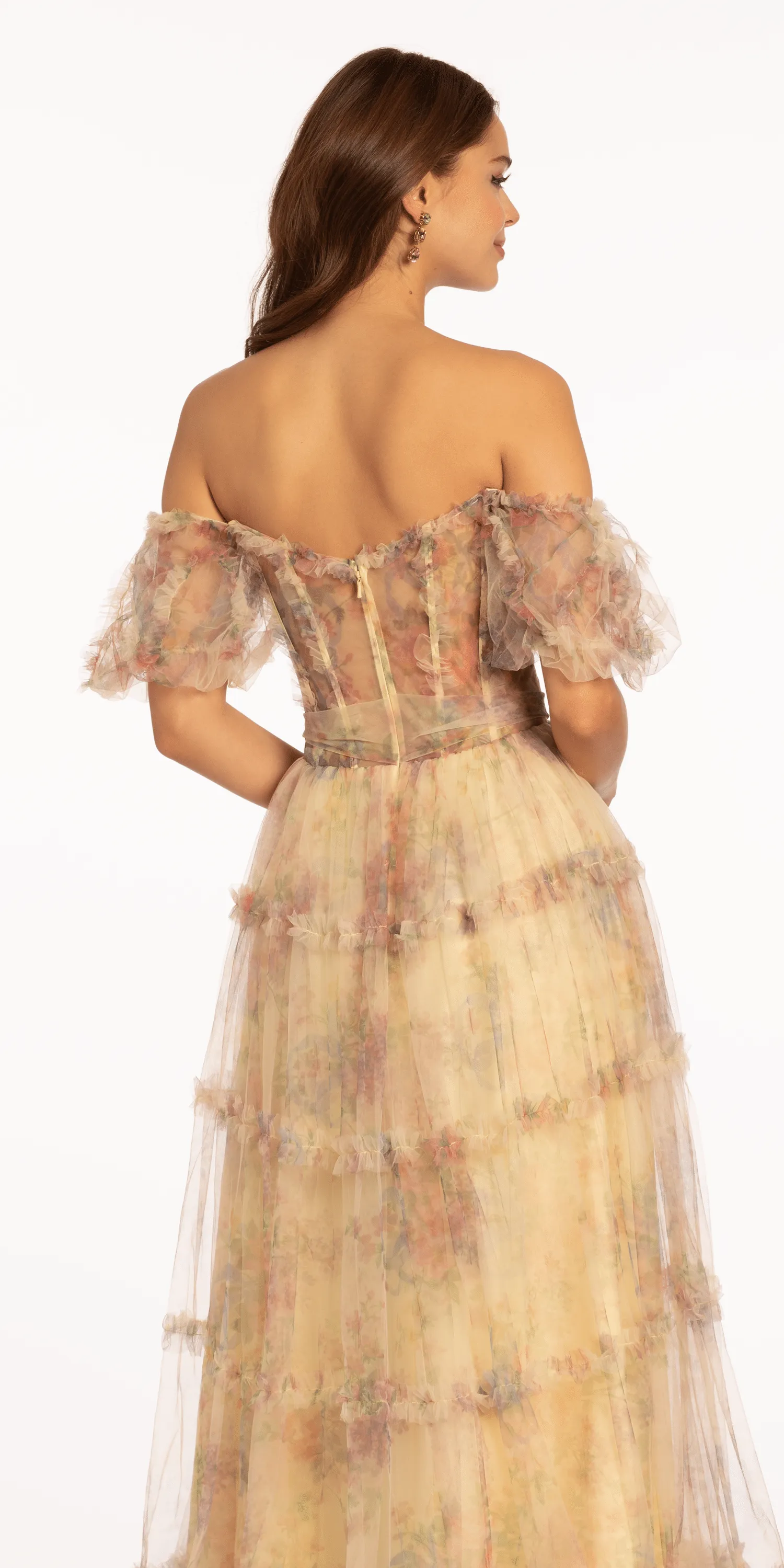 Mesh Puff Sleeve Off the Shoulder Floral Tiered A Line Dress