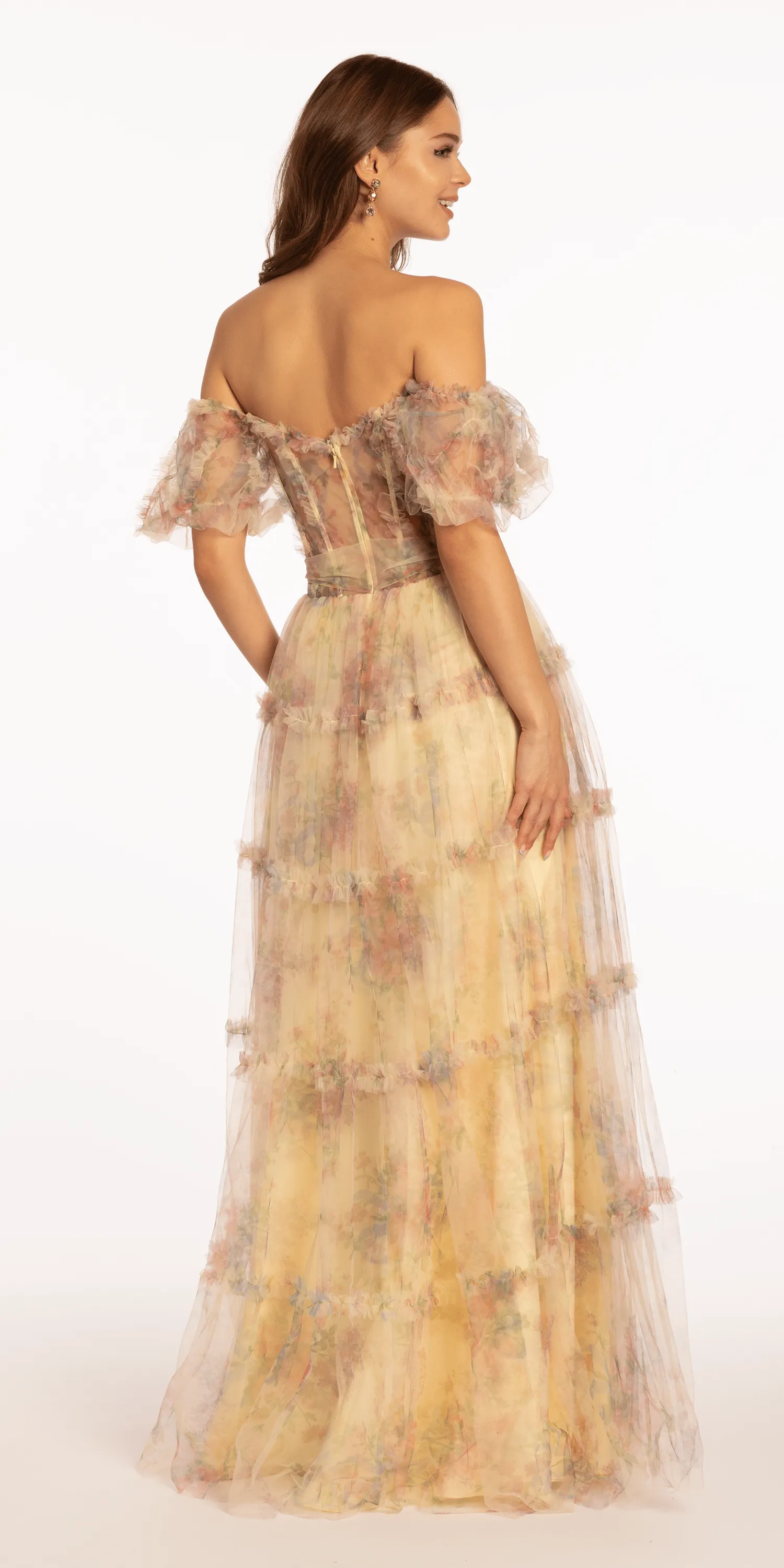 Mesh Puff Sleeve Off the Shoulder Floral Tiered A Line Dress