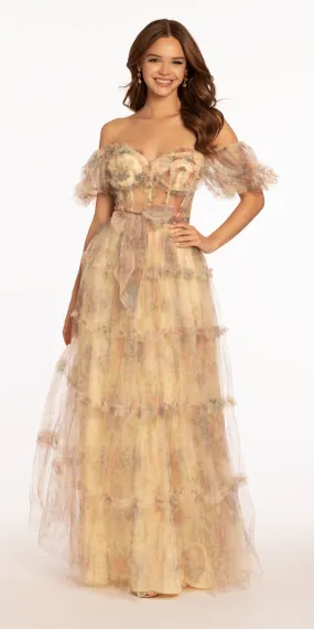 Mesh Puff Sleeve Off the Shoulder Floral Tiered A Line Dress