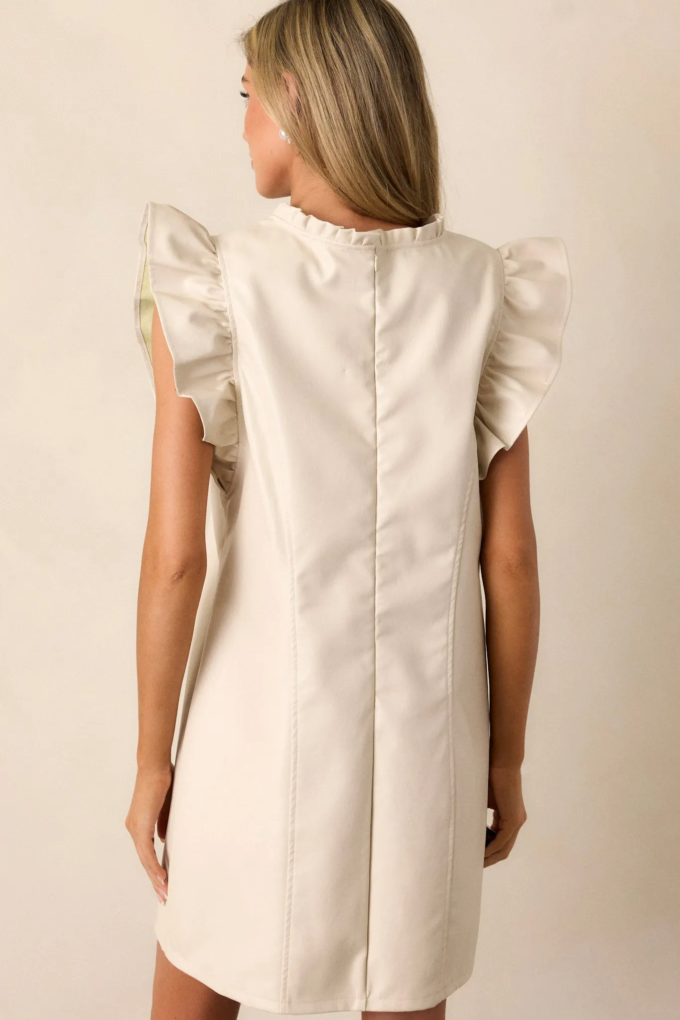 Minimalist Muse Beige Ruffle Sleeve Mini Dress