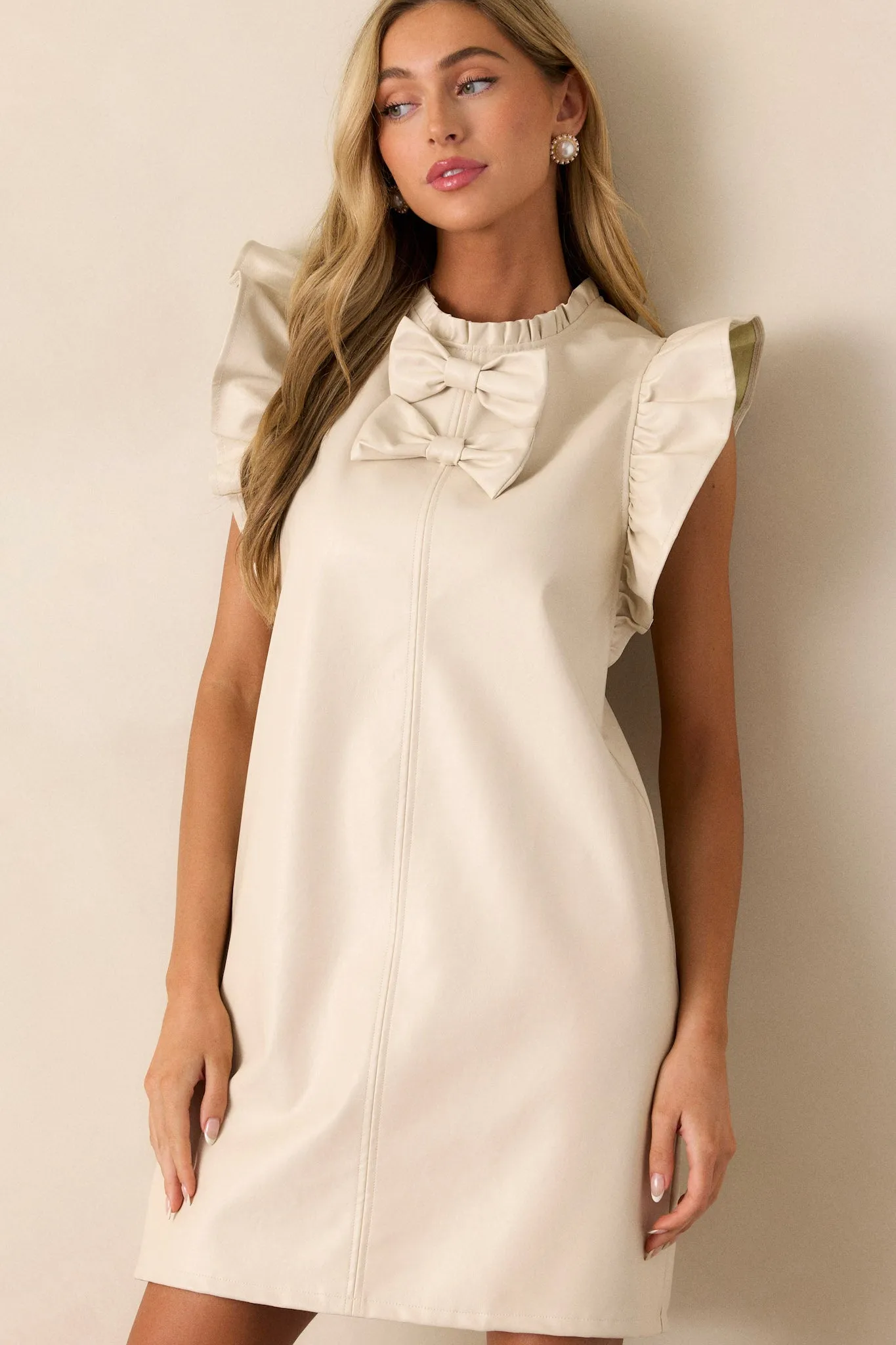 Minimalist Muse Beige Ruffle Sleeve Mini Dress