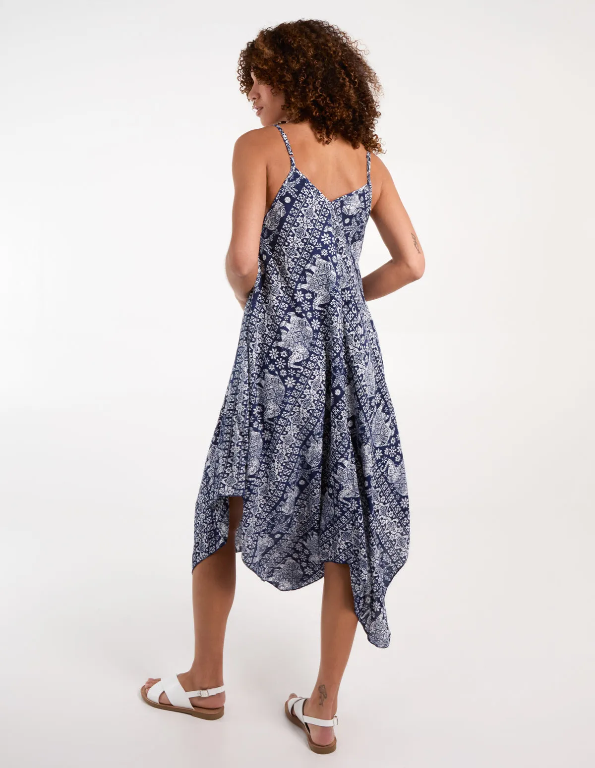 Navy Elephant Print Hanky Hem Dress