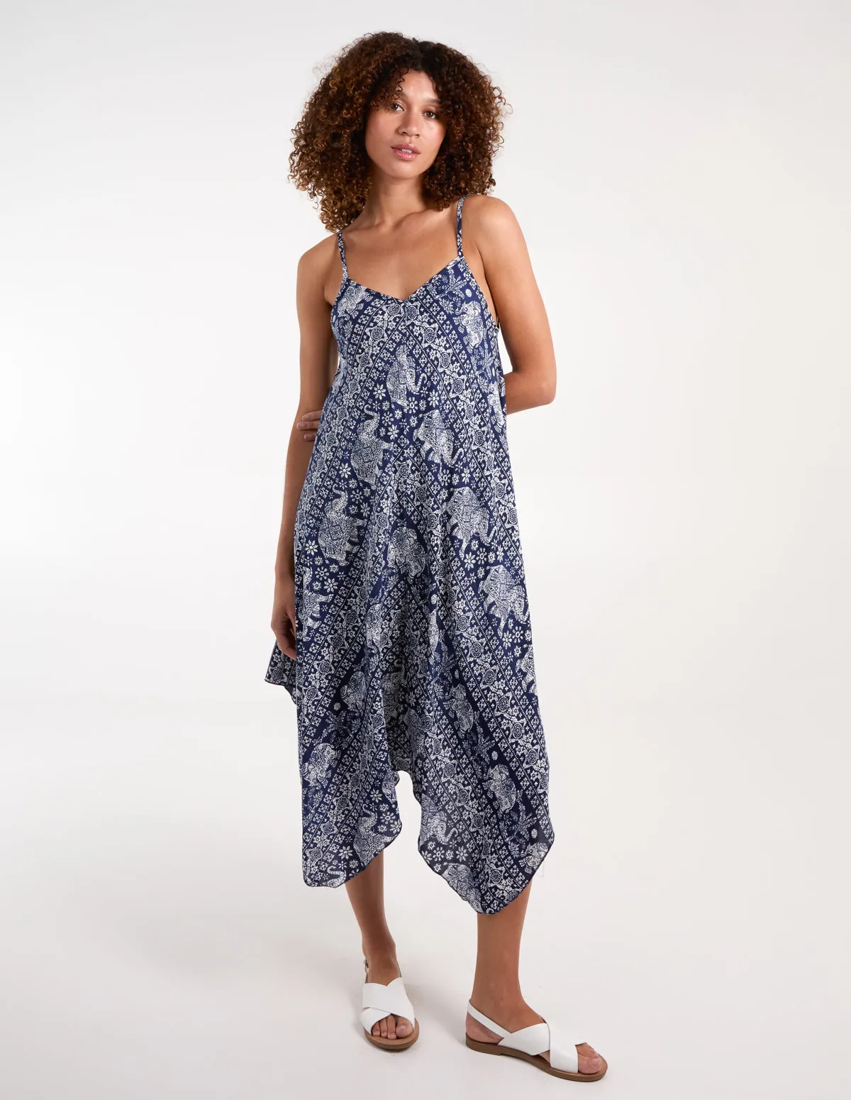 Navy Elephant Print Hanky Hem Dress