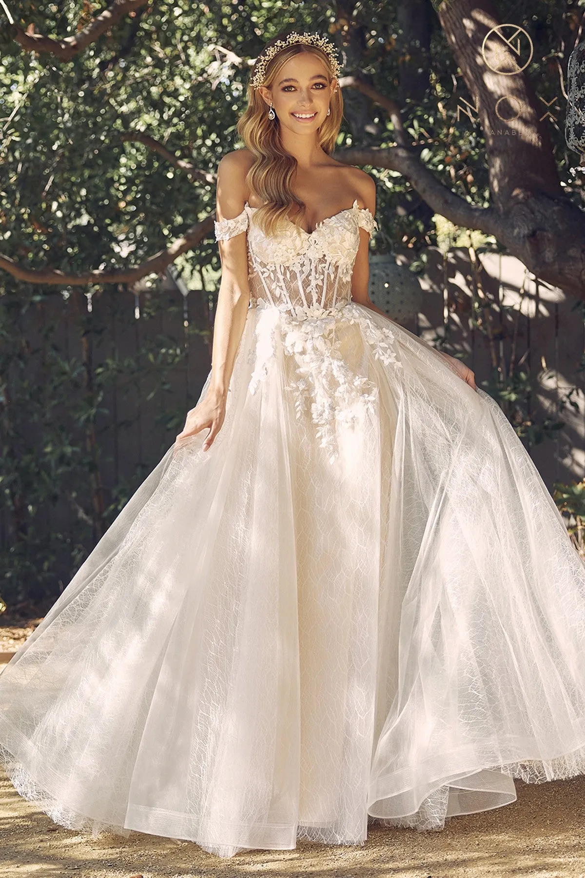 NOX ANABEL C1199W Tulle Off-Shoulder Corseted A-Line Wedding Dress
