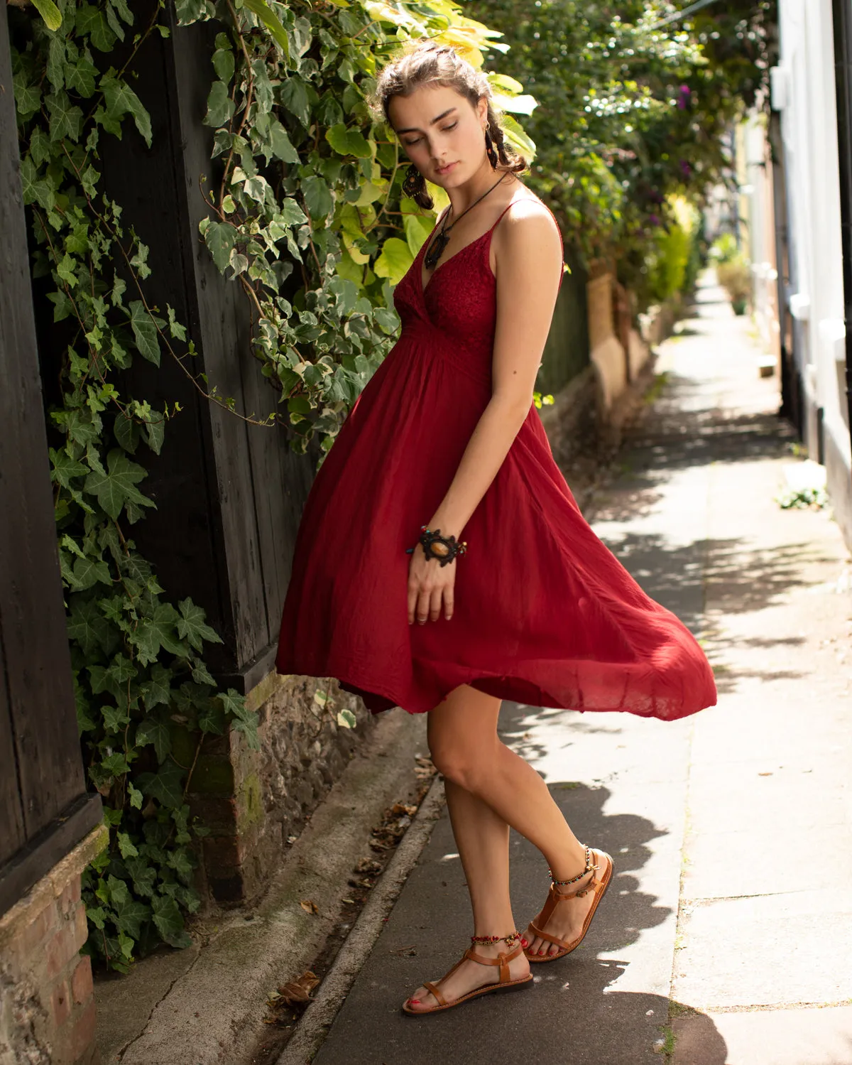 Ntritya Crochet A-line Cotton Dress Maroon