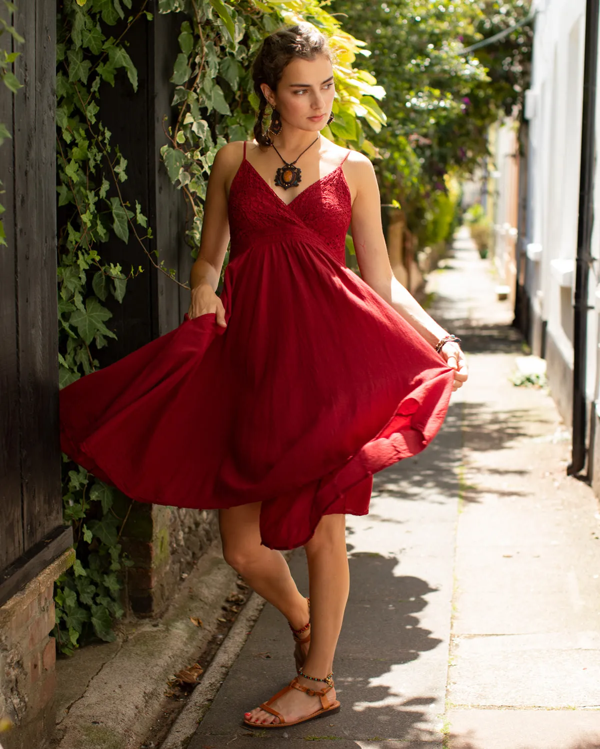 Ntritya Crochet A-line Cotton Dress Maroon