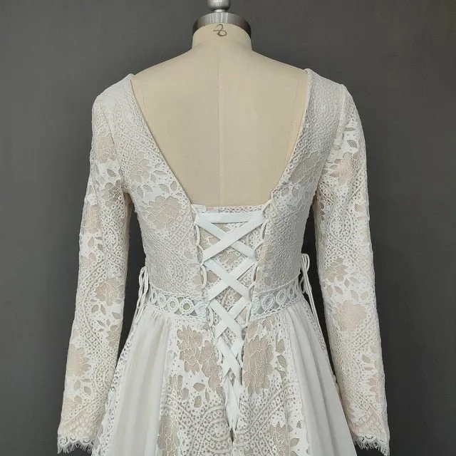 NumberSea 2022 Beach Boho Elopement Photoshoot Wedding Dress V Neck Lace Chiffon A Line Seaside Long Sleeve Big Sizes Bridal Gown