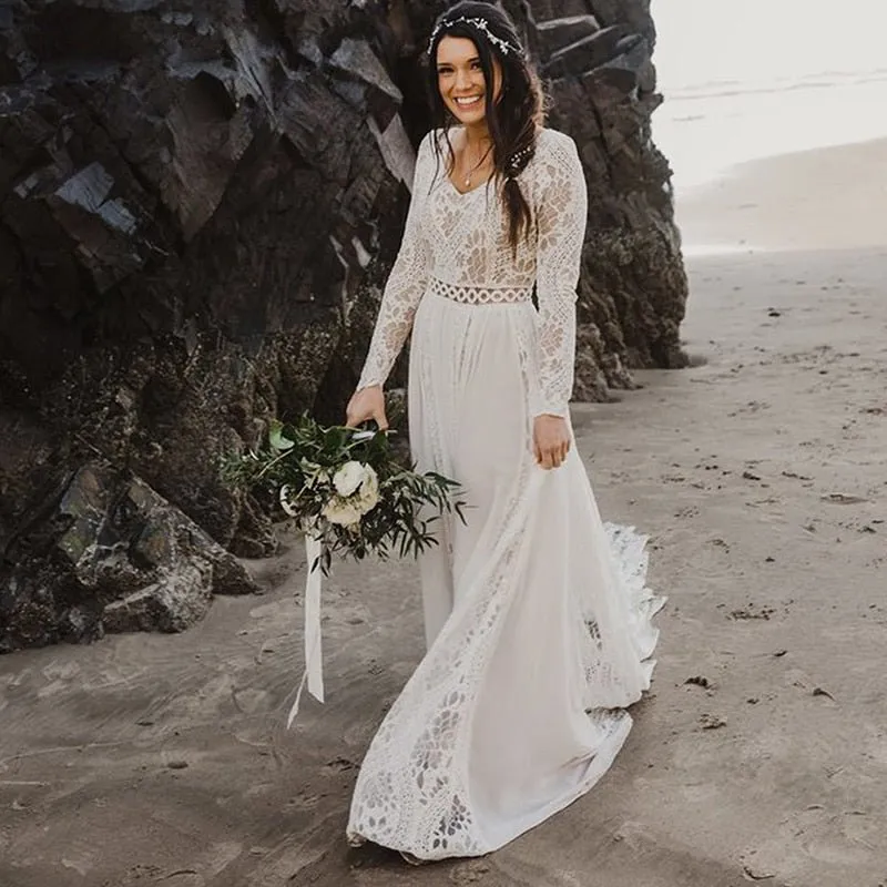 NumberSea 2022 Beach Boho Elopement Photoshoot Wedding Dress V Neck Lace Chiffon A Line Seaside Long Sleeve Big Sizes Bridal Gown