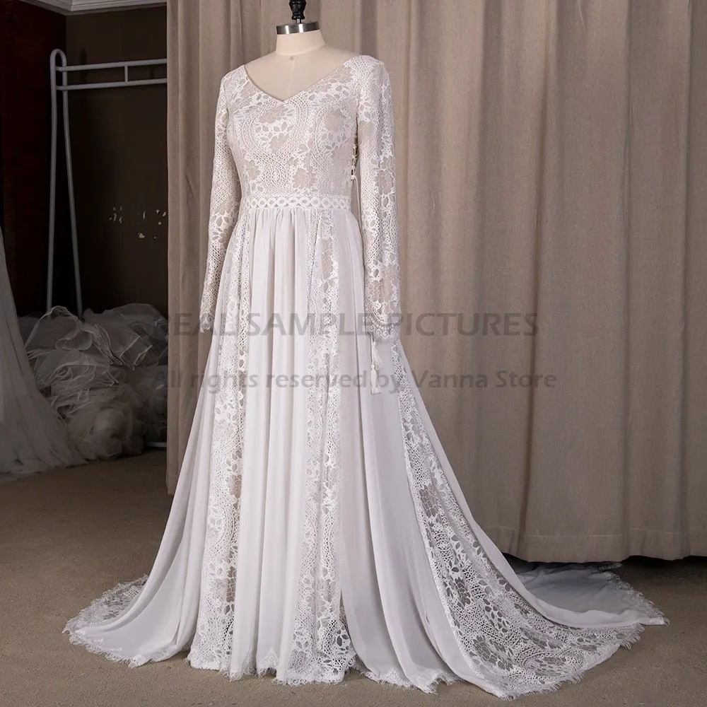 NumberSea 2022 Beach Boho Elopement Photoshoot Wedding Dress V Neck Lace Chiffon A Line Seaside Long Sleeve Big Sizes Bridal Gown