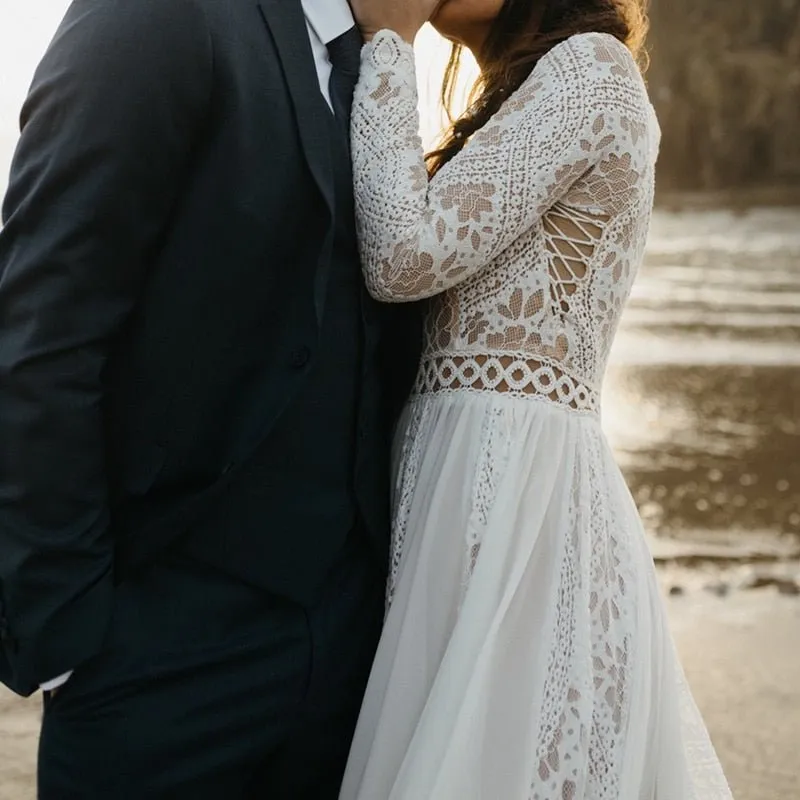 NumberSea 2022 Beach Boho Elopement Photoshoot Wedding Dress V Neck Lace Chiffon A Line Seaside Long Sleeve Big Sizes Bridal Gown