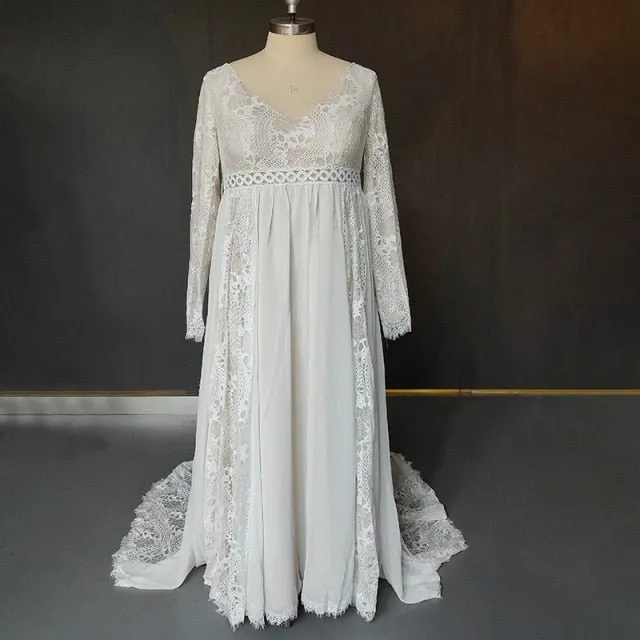 NumberSea 2022 Beach Boho Elopement Photoshoot Wedding Dress V Neck Lace Chiffon A Line Seaside Long Sleeve Big Sizes Bridal Gown