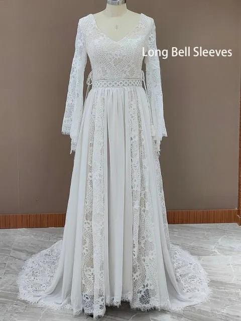NumberSea 2022 Beach Boho Elopement Photoshoot Wedding Dress V Neck Lace Chiffon A Line Seaside Long Sleeve Big Sizes Bridal Gown