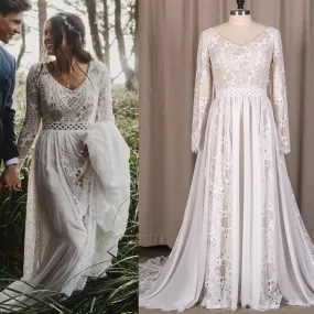 NumberSea 2022 Beach Boho Elopement Photoshoot Wedding Dress V Neck Lace Chiffon A Line Seaside Long Sleeve Big Sizes Bridal Gown