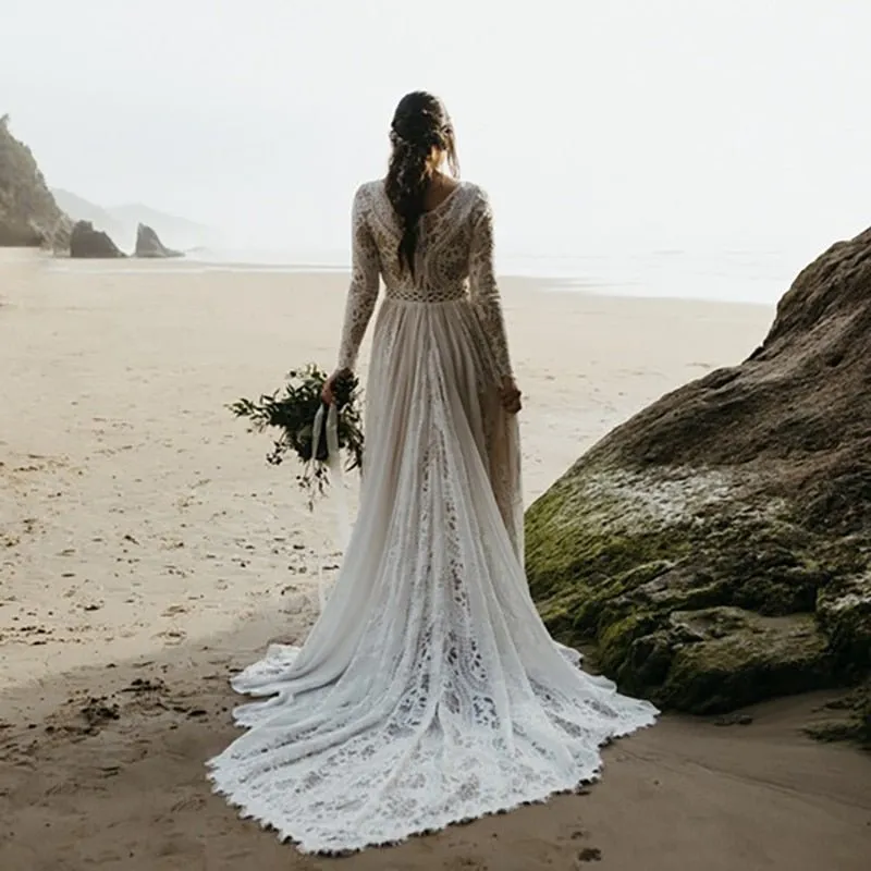 NumberSea 2022 Beach Boho Elopement Photoshoot Wedding Dress V Neck Lace Chiffon A Line Seaside Long Sleeve Big Sizes Bridal Gown