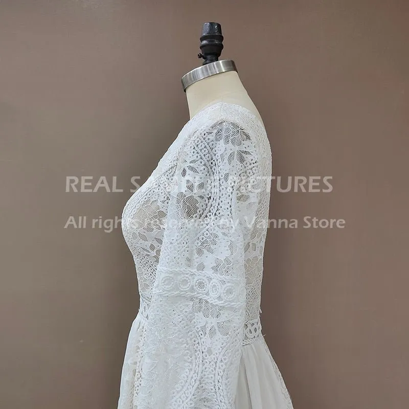 NumberSea 2022 Beach Boho Elopement Photoshoot Wedding Dress V Neck Lace Chiffon A Line Seaside Long Sleeve Big Sizes Bridal Gown