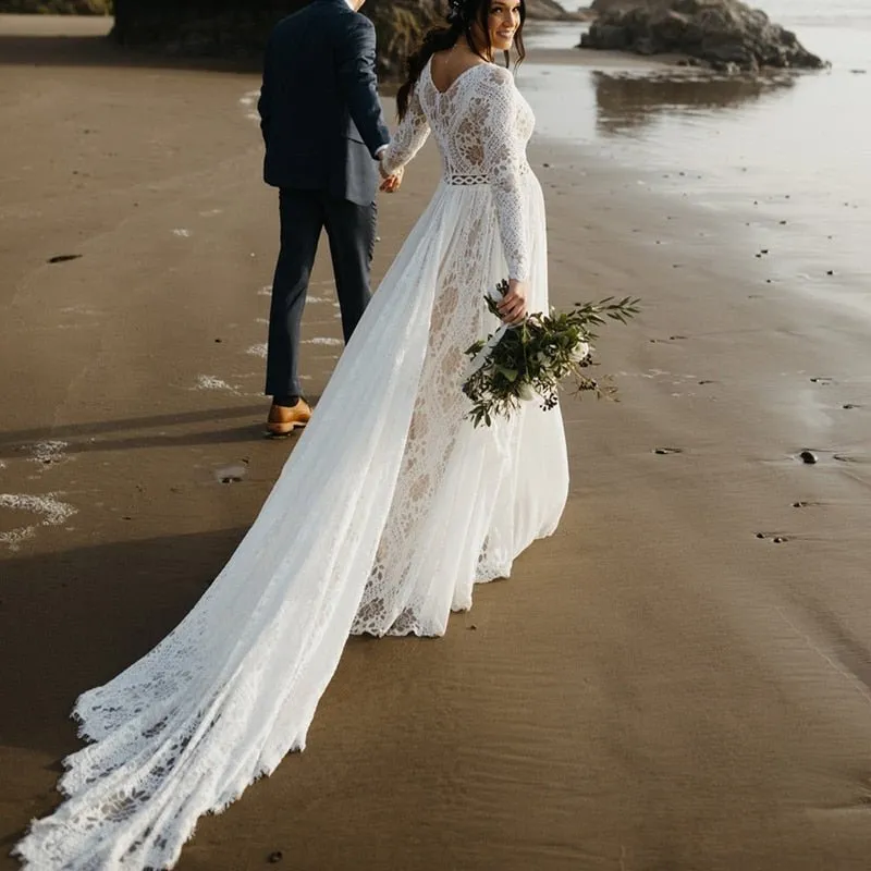 NumberSea 2022 Beach Boho Elopement Photoshoot Wedding Dress V Neck Lace Chiffon A Line Seaside Long Sleeve Big Sizes Bridal Gown
