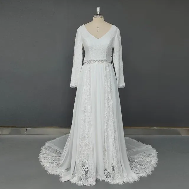 NumberSea 2022 Beach Boho Elopement Photoshoot Wedding Dress V Neck Lace Chiffon A Line Seaside Long Sleeve Big Sizes Bridal Gown
