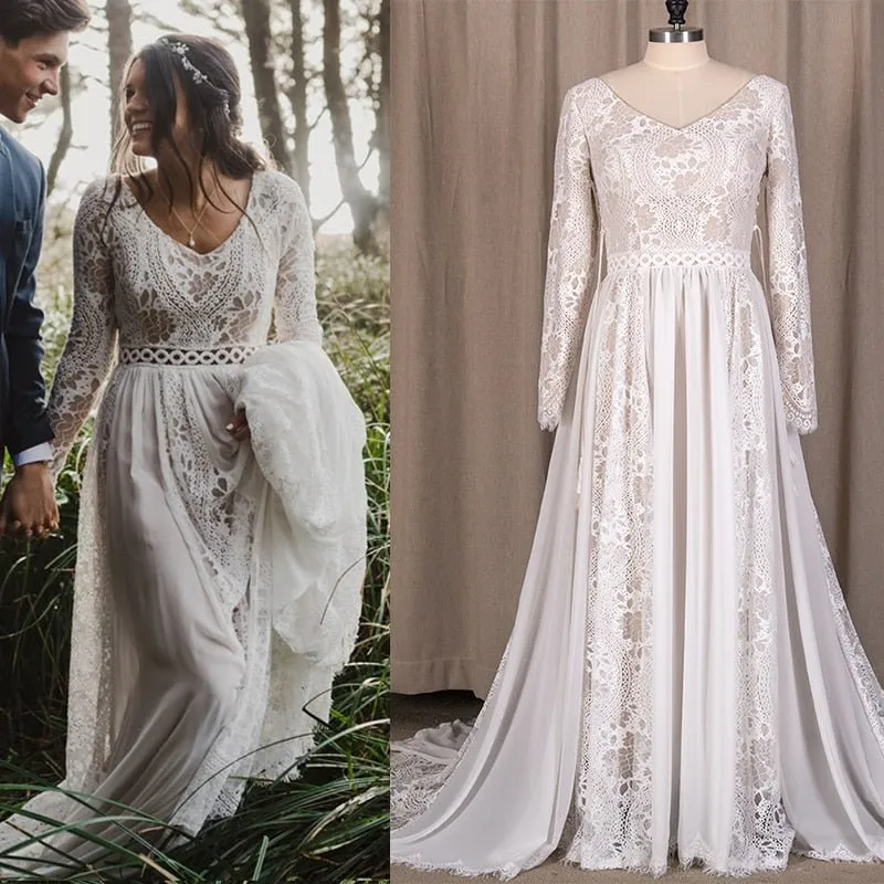 NumberSea 2022 Beach Boho Elopement Photoshoot Wedding Dress V Neck Lace Chiffon A Line Seaside Long Sleeve Big Sizes Bridal Gown