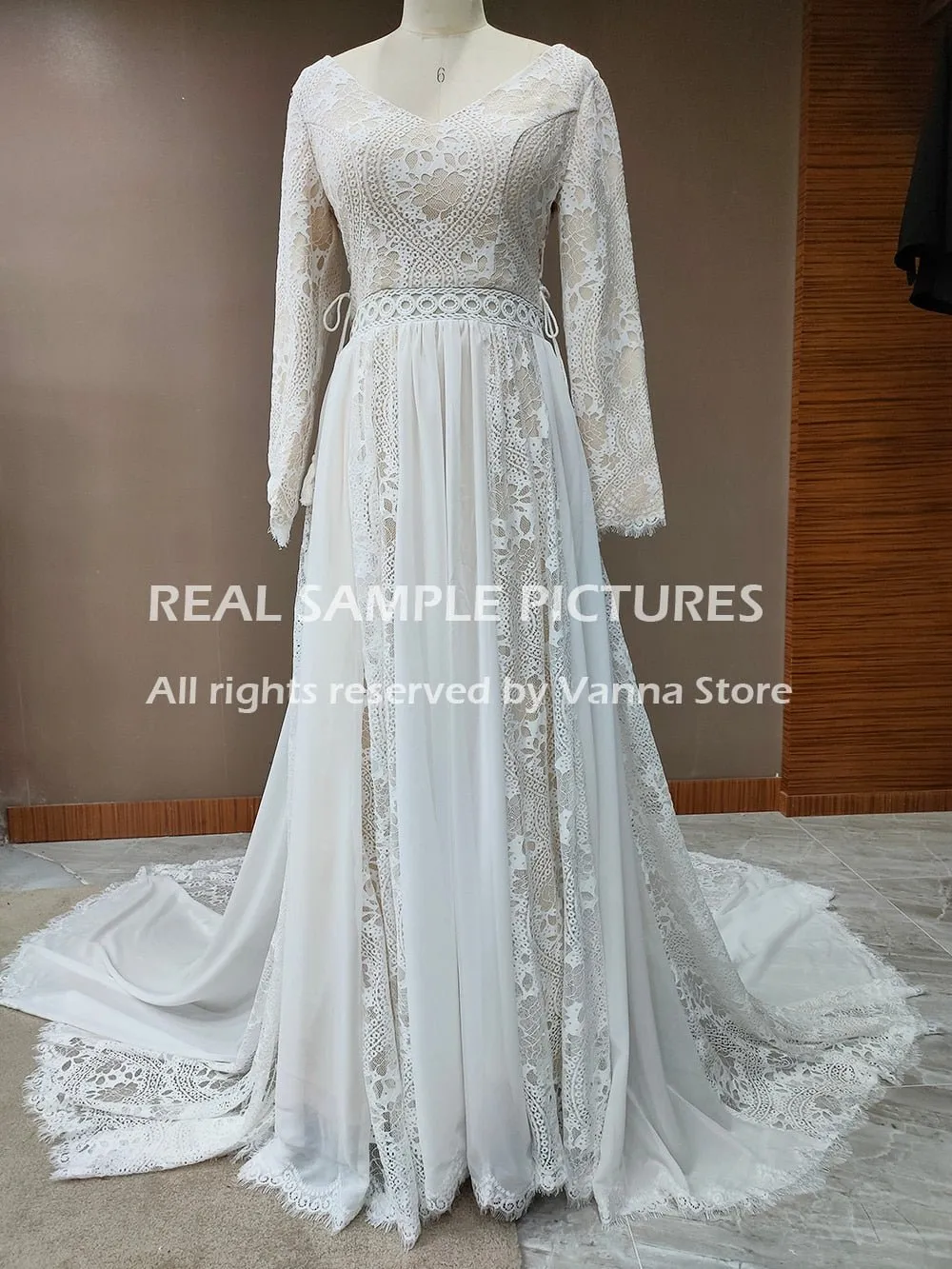 NumberSea 2022 Beach Boho Elopement Photoshoot Wedding Dress V Neck Lace Chiffon A Line Seaside Long Sleeve Big Sizes Bridal Gown
