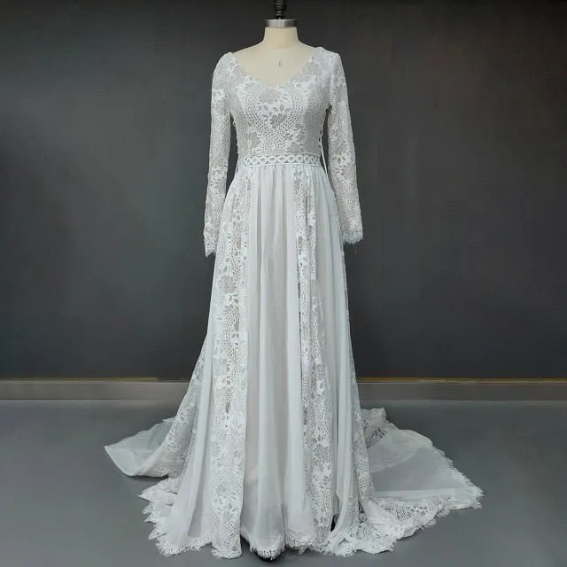 NumberSea 2022 Beach Boho Elopement Photoshoot Wedding Dress V Neck Lace Chiffon A Line Seaside Long Sleeve Big Sizes Bridal Gown