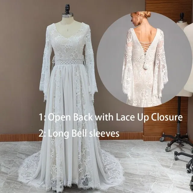 NumberSea 2022 Beach Boho Elopement Photoshoot Wedding Dress V Neck Lace Chiffon A Line Seaside Long Sleeve Big Sizes Bridal Gown