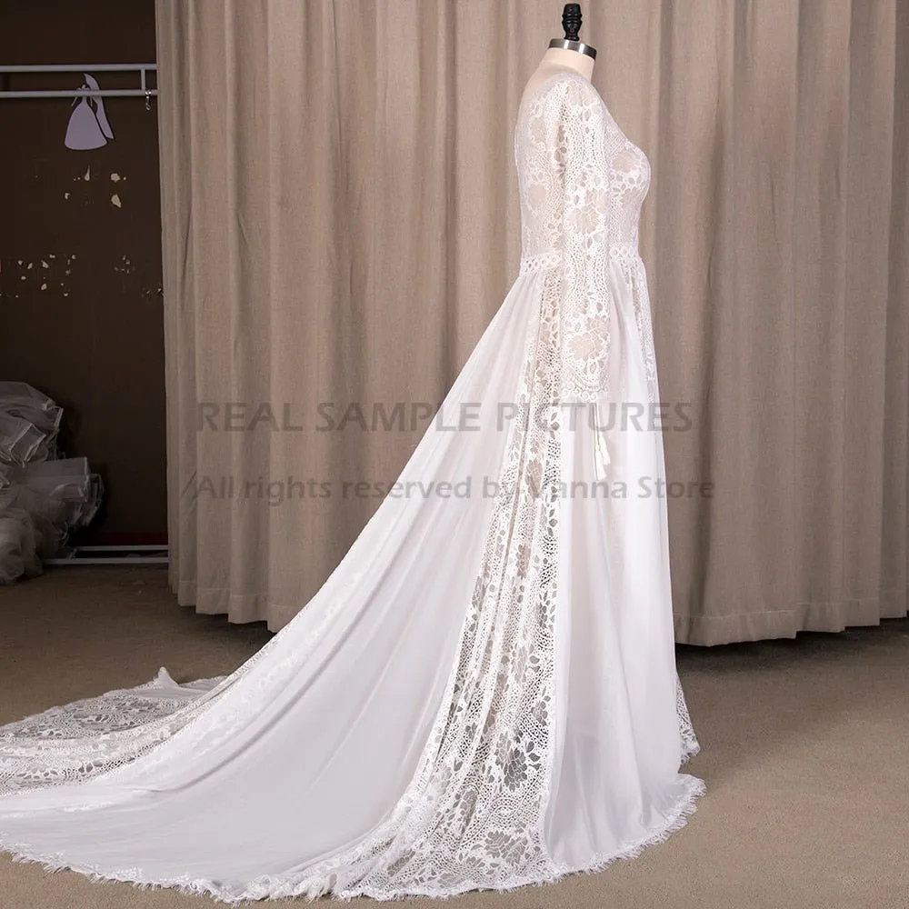 NumberSea 2022 Beach Boho Elopement Photoshoot Wedding Dress V Neck Lace Chiffon A Line Seaside Long Sleeve Big Sizes Bridal Gown