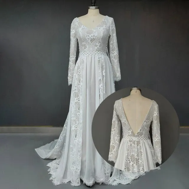 NumberSea 2022 Beach Boho Elopement Photoshoot Wedding Dress V Neck Lace Chiffon A Line Seaside Long Sleeve Big Sizes Bridal Gown
