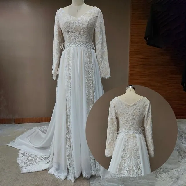 NumberSea 2022 Beach Boho Elopement Photoshoot Wedding Dress V Neck Lace Chiffon A Line Seaside Long Sleeve Big Sizes Bridal Gown