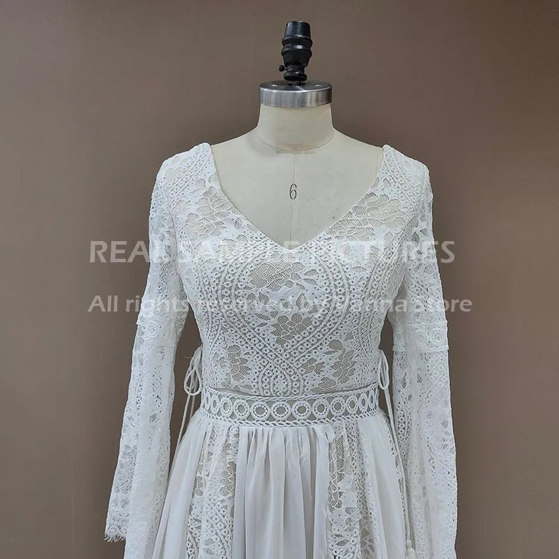 NumberSea 2022 Beach Boho Elopement Photoshoot Wedding Dress V Neck Lace Chiffon A Line Seaside Long Sleeve Big Sizes Bridal Gown