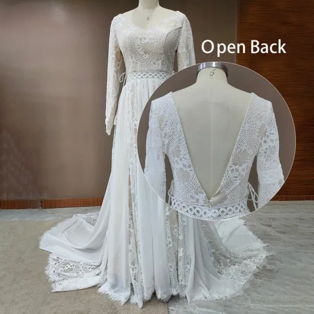 NumberSea 2022 Beach Boho Elopement Photoshoot Wedding Dress V Neck Lace Chiffon A Line Seaside Long Sleeve Big Sizes Bridal Gown
