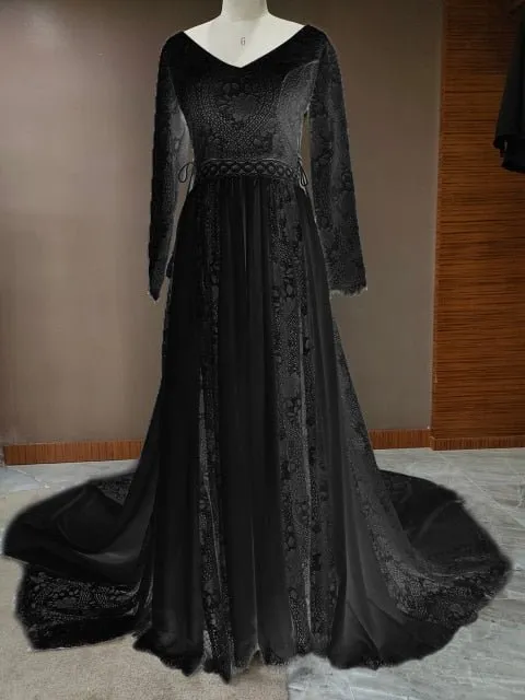 NumberSea 2022 Beach Boho Elopement Photoshoot Wedding Dress V Neck Lace Chiffon A Line Seaside Long Sleeve Big Sizes Bridal Gown