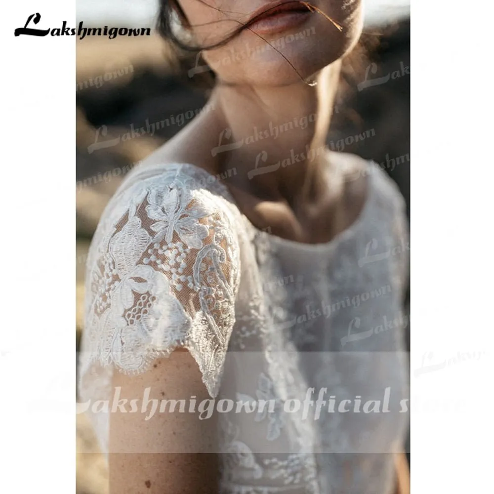NumberSea 2025Two Pieces High Split Lace Top Chiffon Wedding Dress O Neck Short Sleeve Bridal Gowns robe de soirée de mariage Lakshmigown