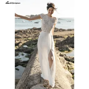 NumberSea 2025Two Pieces High Split Lace Top Chiffon Wedding Dress O Neck Short Sleeve Bridal Gowns robe de soirée de mariage Lakshmigown
