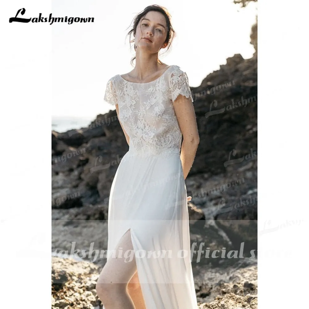 NumberSea 2025Two Pieces High Split Lace Top Chiffon Wedding Dress O Neck Short Sleeve Bridal Gowns robe de soirée de mariage Lakshmigown