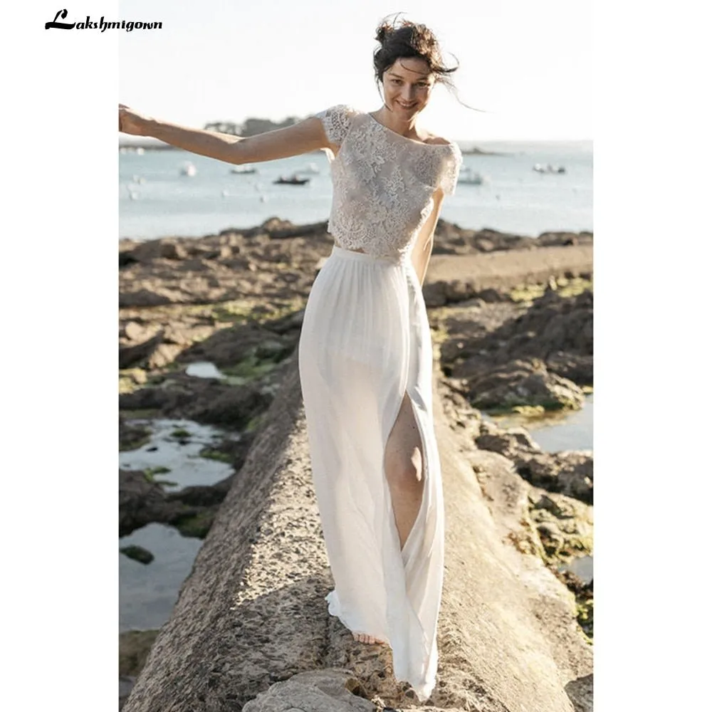 NumberSea 2025Two Pieces High Split Lace Top Chiffon Wedding Dress O Neck Short Sleeve Bridal Gowns robe de soirée de mariage Lakshmigown
