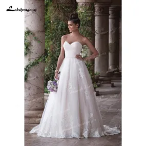 NumberSea Beautifully A-Line Tulle Wedding Dresses Sweetheart Neck Strapless Sleeveless Open Back Beading Sashes Court Train Bride Gowns