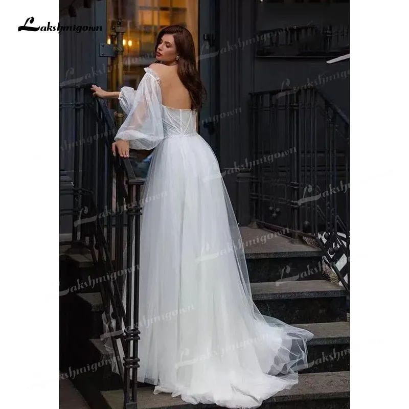 NumberSea Boho A-Line Tulle Wedding Dresses Side Split With Detachable Puff Sleeves Sweetheart Neck Sweep/Brush Train Beach Bride Gowns