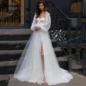 NumberSea Boho A-Line Tulle Wedding Dresses Side Split With Detachable Puff Sleeves Sweetheart Neck Sweep/Brush Train Beach Bride Gowns