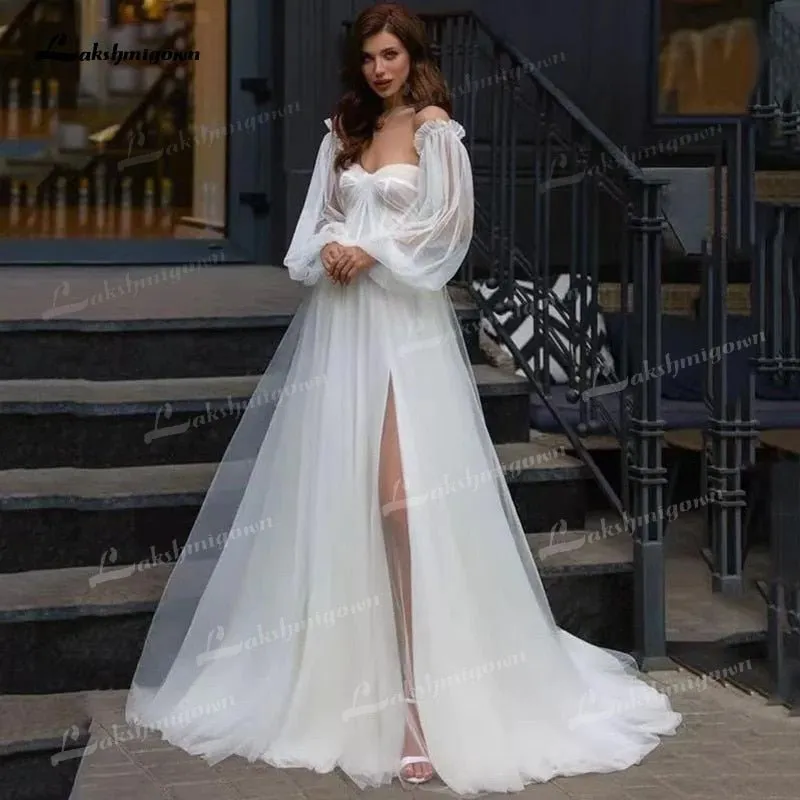 NumberSea Boho A-Line Tulle Wedding Dresses Side Split With Detachable Puff Sleeves Sweetheart Neck Sweep/Brush Train Beach Bride Gowns