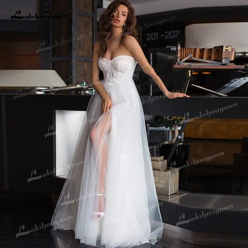 NumberSea Boho A-Line Tulle Wedding Dresses Side Split With Detachable Puff Sleeves Sweetheart Neck Sweep/Brush Train Beach Bride Gowns