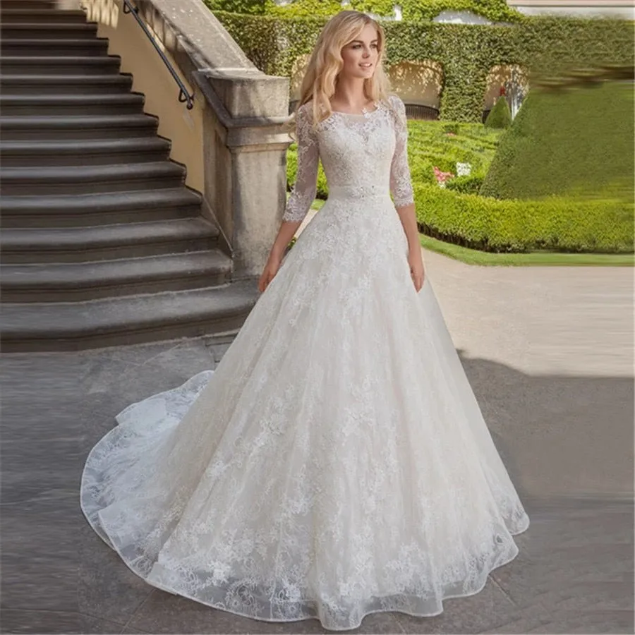 NumberSea Charming Lace Wedding Dress with Sleeves Scoop Neck  A-line Princess Bridal Gowns Robe de Mariage Bride Dress Sashes