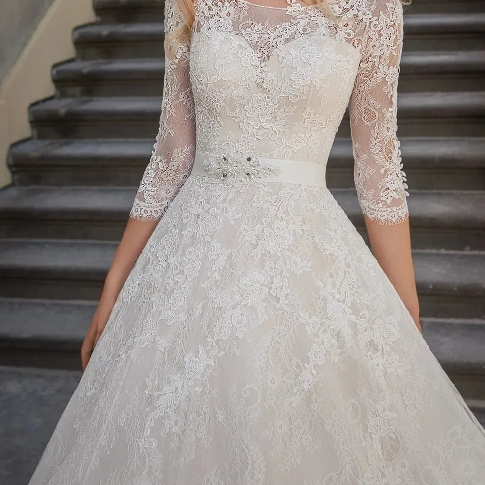 NumberSea Charming Lace Wedding Dress with Sleeves Scoop Neck  A-line Princess Bridal Gowns Robe de Mariage Bride Dress Sashes