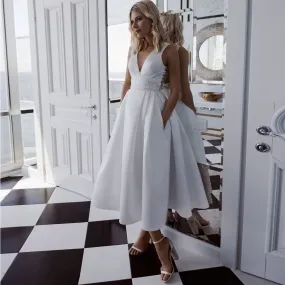 NumberSea Elegant A-Line Tea Length Wedding Dresses Jersey Pleat V-Neck Appliques Sleeveless Backless Bridal Gowns Vestido De Novia
