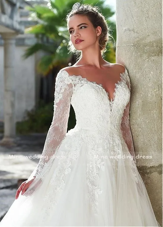 NumberSea Long Sleeves Illusion Scoop Neckline Wedding Dress Vintage Tulle Lace Appliques Bridal Gown Vestido De Noiva