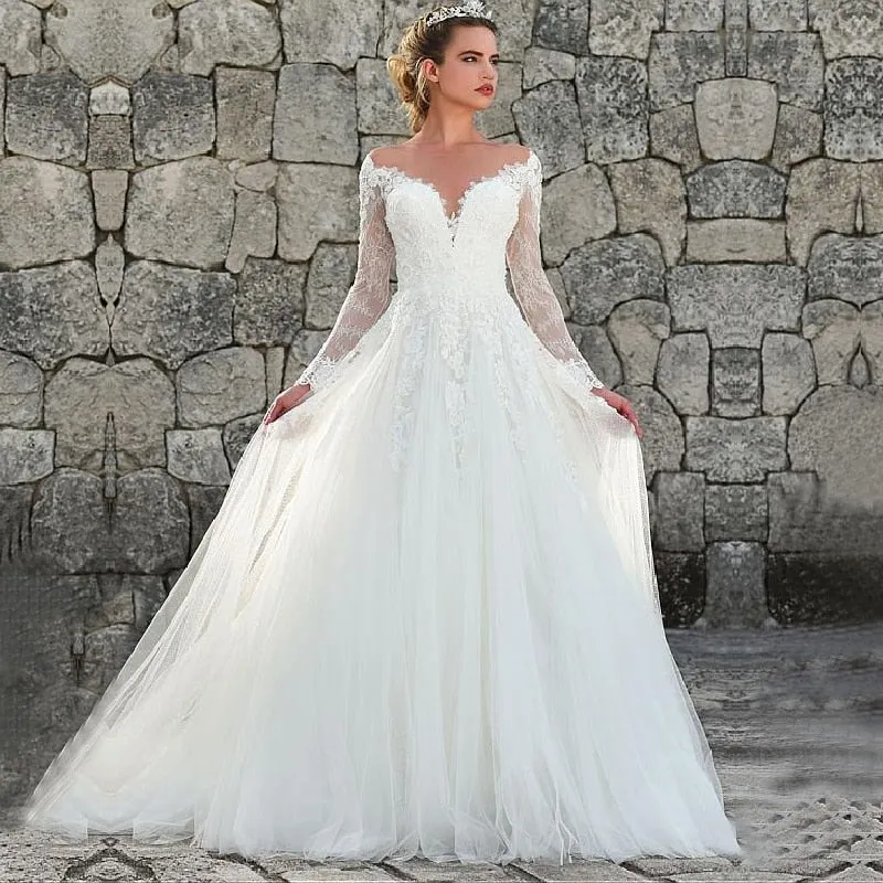 NumberSea Long Sleeves Illusion Scoop Neckline Wedding Dress Vintage Tulle Lace Appliques Bridal Gown Vestido De Noiva