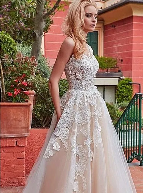 NumberSea Marvelous Tulle Jewel Neckline A-line Wedding Dress With Lace Appliques & 3D Flowers Champagne Bridal Gowns
