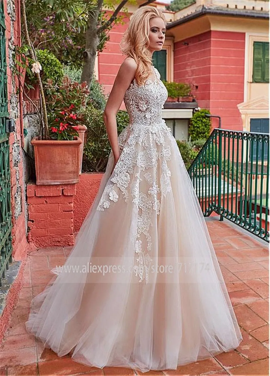 NumberSea Marvelous Tulle Jewel Neckline A-line Wedding Dress With Lace Appliques & 3D Flowers Champagne Bridal Gowns