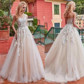 NumberSea Marvelous Tulle Jewel Neckline A-line Wedding Dress With Lace Appliques & 3D Flowers Champagne Bridal Gowns